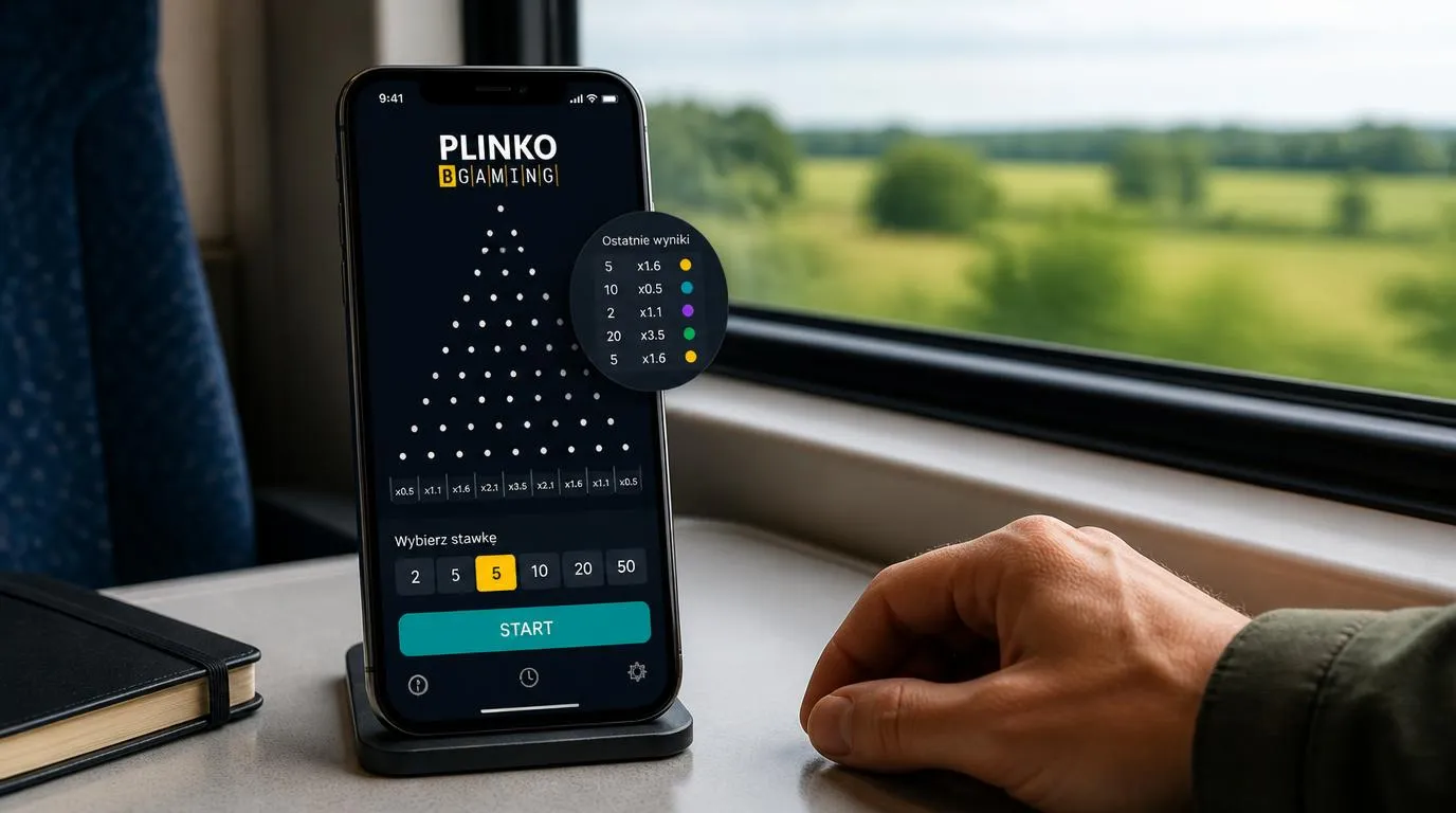 Smartfon z mobilną planszą plinko i panelem historii rund na stoliku w pociągu