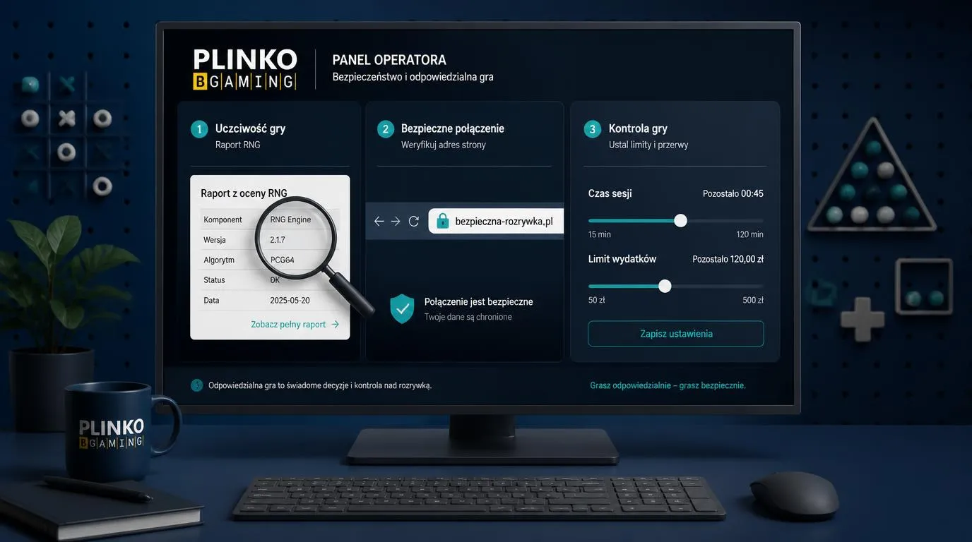 Panel kontroli operatora z dokumentem testów RNG, adresem strony i ustawieniami limitów gry