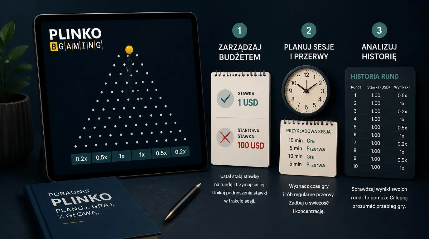 Plan sesji plinko z budżetem, zegarem i historią rund obok planszy z kulką