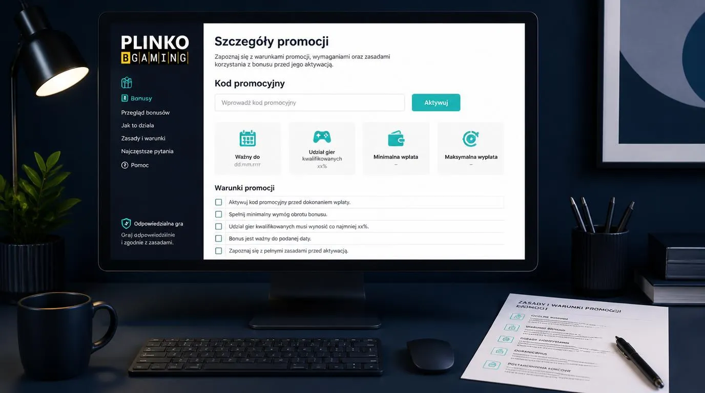Panel promocji z polem na kod bonusowy i listą warunków do sprawdzenia przed wpłatą